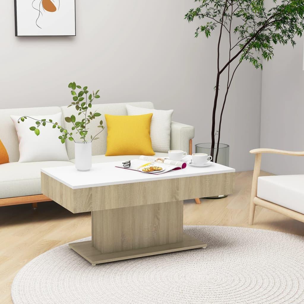 Sofabord 96x50x45 cm konstrueret træ hvid og sonoma-eg