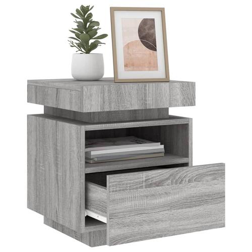 Sengebord med LED-lys 40x39x48,5 cm grå sonoma-eg