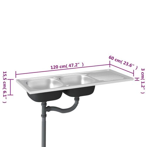 Køkkenvask med 2 bassiner 1200x600x155 mm rustfrit stål sølv