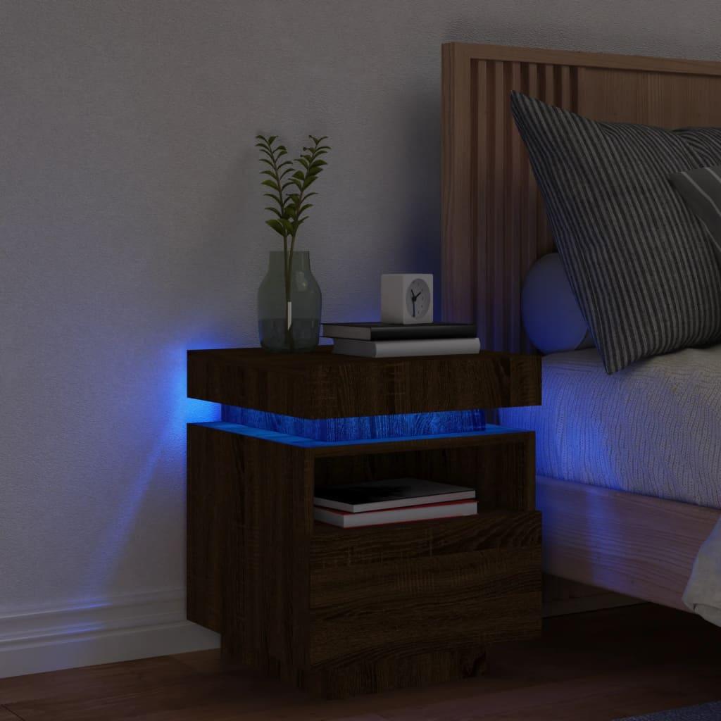 Sengebord med LED-lys 40x39x48,5 cm brun egetræsfarve