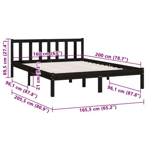 Sengestel 160x200 cm massivt fyrretræ sort