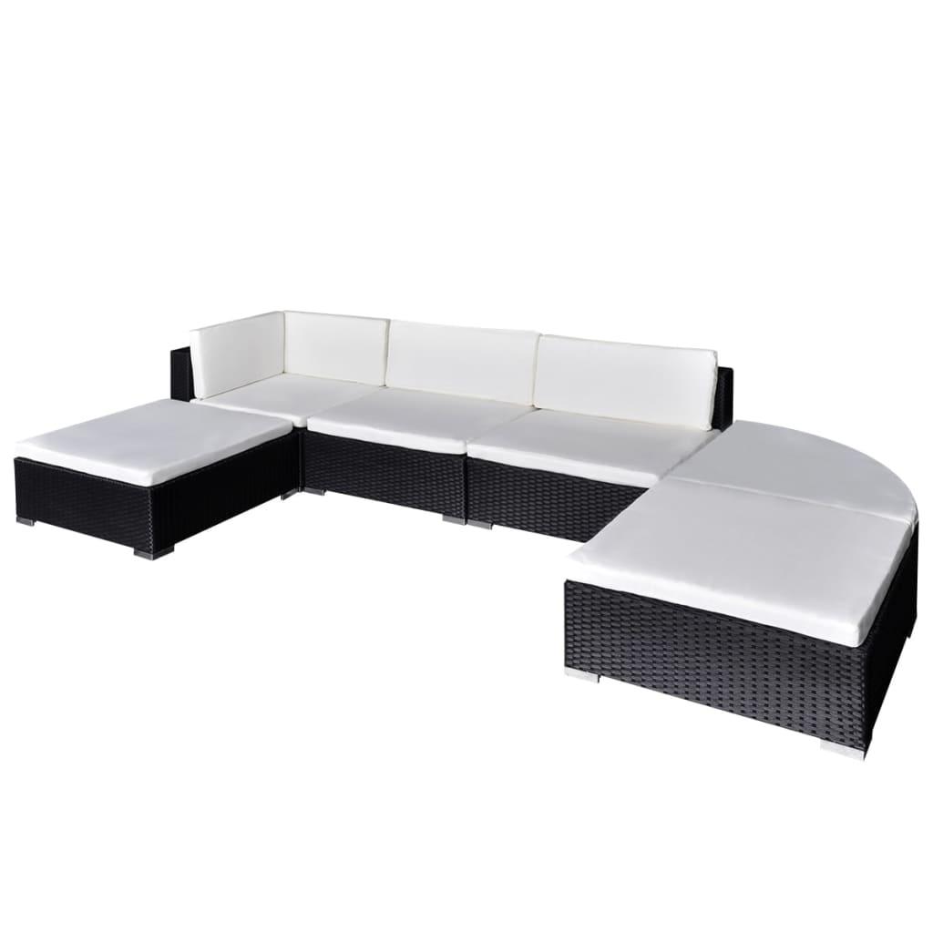 Haveloungesæt 6 dele med hynder polyrattan sort