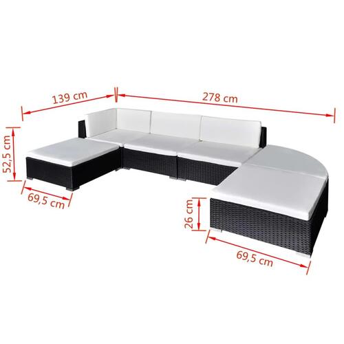 Haveloungesæt 6 dele med hynder polyrattan sort
