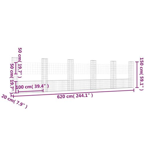 Gabionkurv med 6 stolper 620x20x150 cm U-facon jern