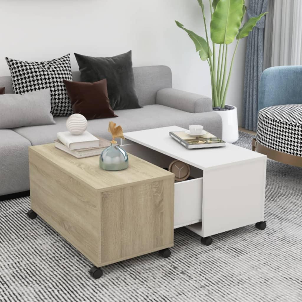 Sofabord 75x75x38 cm konstrueret træ hvid og sonoma-eg
