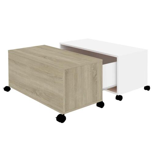 Sofabord 75x75x38 cm konstrueret træ hvid og sonoma-eg