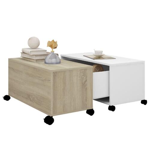 Sofabord 75x75x38 cm konstrueret træ hvid og sonoma-eg
