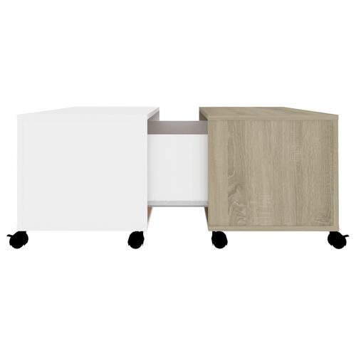 Sofabord 75x75x38 cm konstrueret træ hvid og sonoma-eg