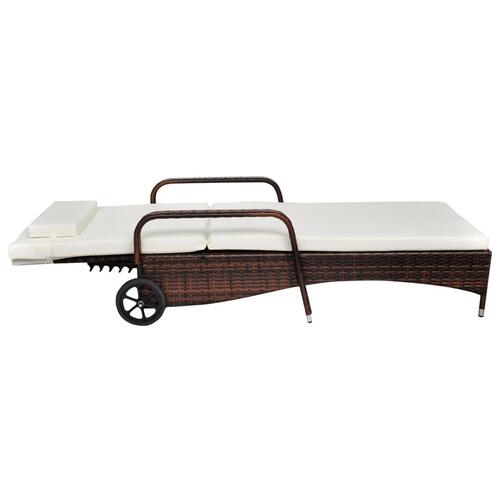 Liggestol med hynde & hjul polyrattan brun