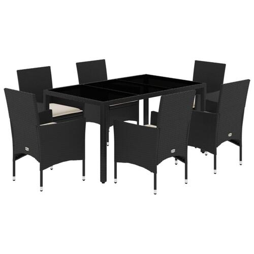 Spisebordssæt til haven 7dele m. hynder polyrattan og glas sort