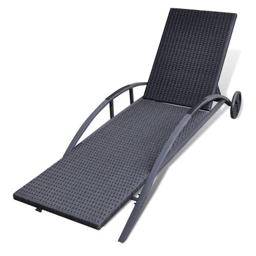 Liggestol med hynde & hjul polyrattan sort