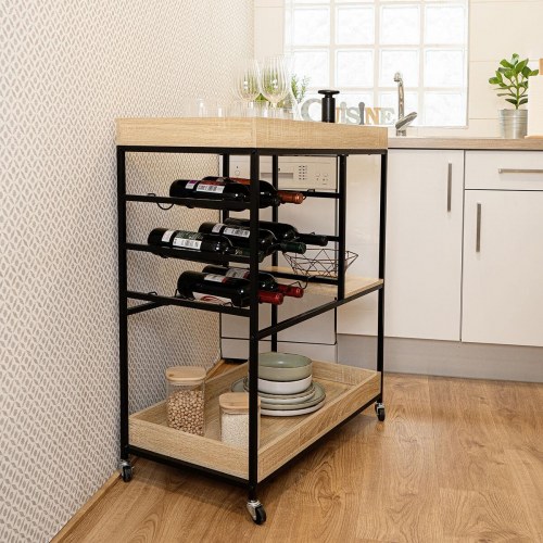 Vinthera Moa serveringsvogn med flaskereol, sort metal - 75 × 40 × 91,5 cm