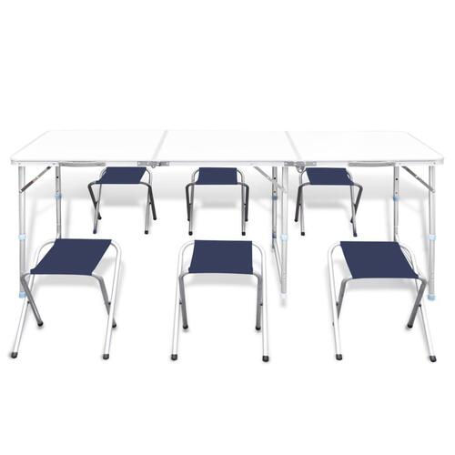 Højdejustérbart campingbord og 6 klapstole 180x60 cm