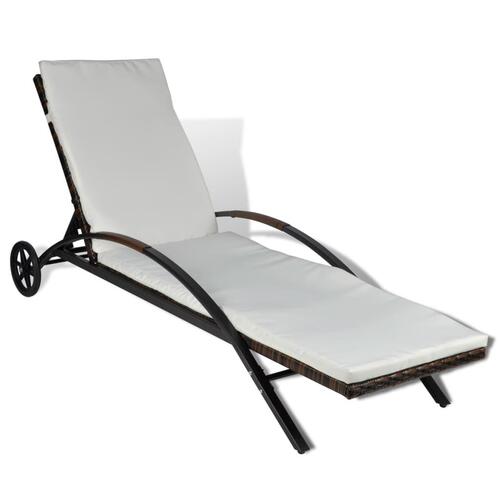 Liggestol med hynde & hjul polyrattan brun
