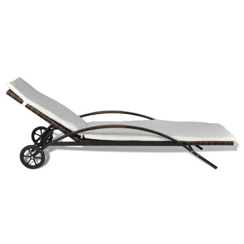 Liggestol med hynde & hjul polyrattan brun