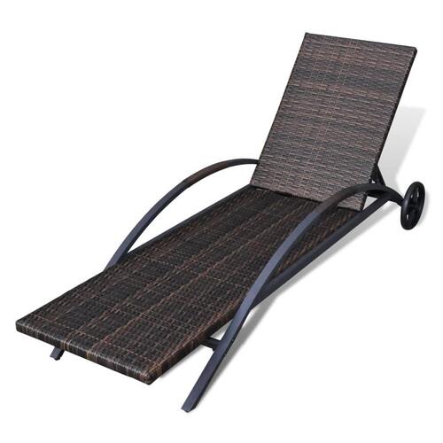 Liggestol med hynde & hjul polyrattan brun