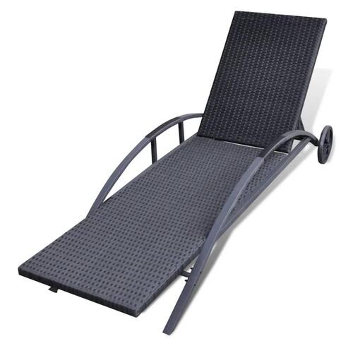Liggestol med hynde & hjul polyrattan sort
