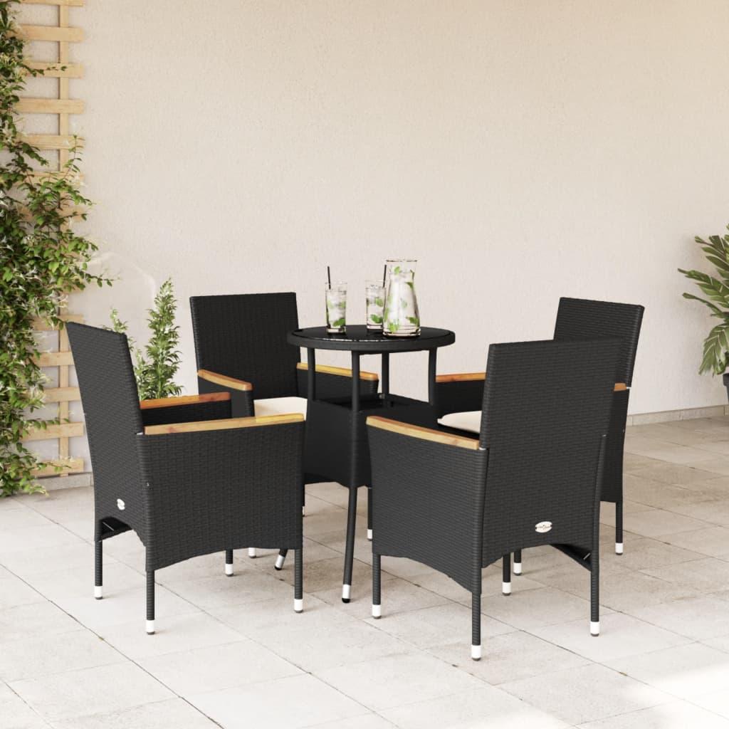 Spisebordssæt til haven 5dele m. hynder polyrattan og glas sort
