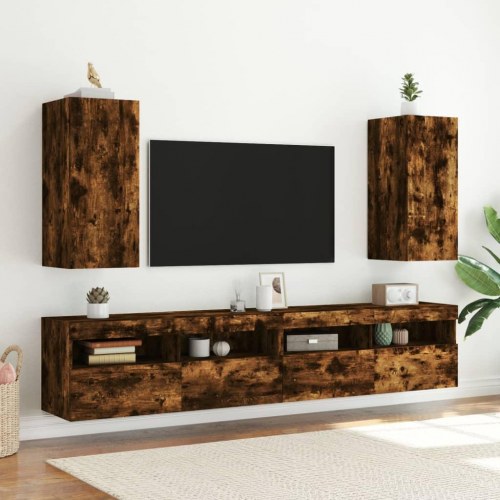 Væghængt tv-bord med LED-lys 30,5x35x70 cm røget egetræsfarve