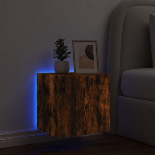 Væghængt tv-bord med LED-lys 40,5 x 35 x 40 cm - røget egetræsfarve