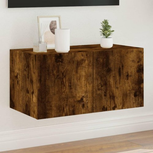 Væghængt tv-bord med LED-lys 60 x 35 x 31 cm - røget egetræ