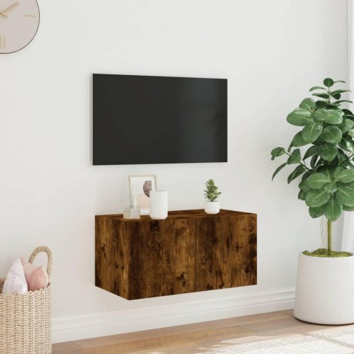 Væghængt tv-bord med LED-lys 60 x 35 x 31 cm - røget egetræ
