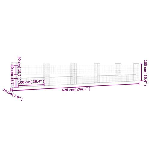 Gabionkurv med 6 stolper 620x20x150 cm U-facon jern