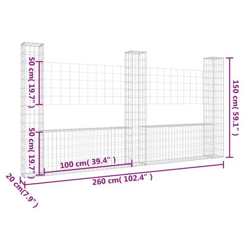 Gabionkurv med 3 stolper 260x20x150 cm U-facon jern