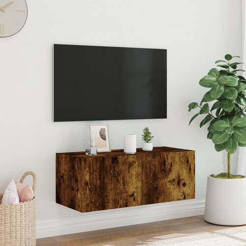 Væghængt tv-bord med LED-lys 80x35x31 cm røget egetræsfarve