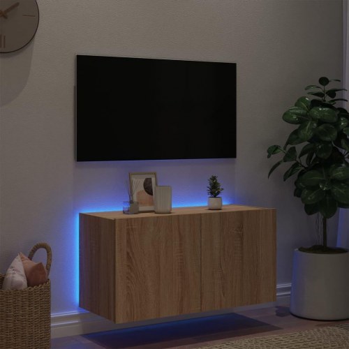 Væghængt tv-bord med LED-lys 80x35x41 cm sonoma-eg