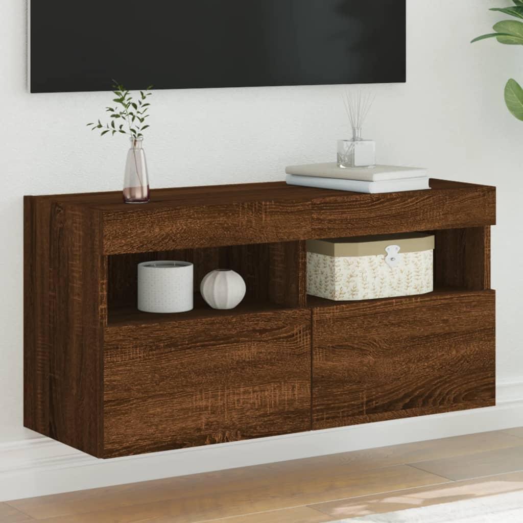 Væghængt tv-bord med LED-lys 80x30x40 cm brun egetræsfarve