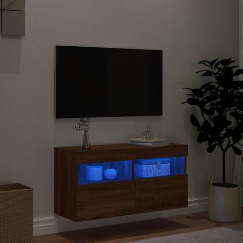 Væghængt tv-bord med LED-lys 80x30x40 cm brun egetræsfarve