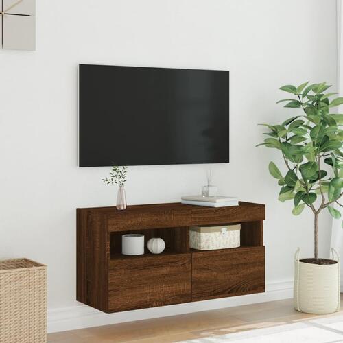 Væghængt tv-bord med LED-lys 80x30x40 cm brun egetræsfarve