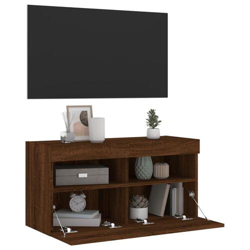 Væghængt tv-bord med LED-lys 80x30x40 cm brun egetræsfarve