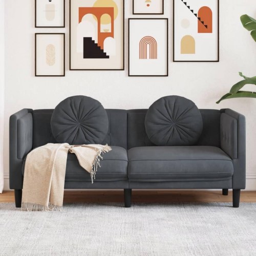 2-personers sofa i velour med hynder - mørkegrå