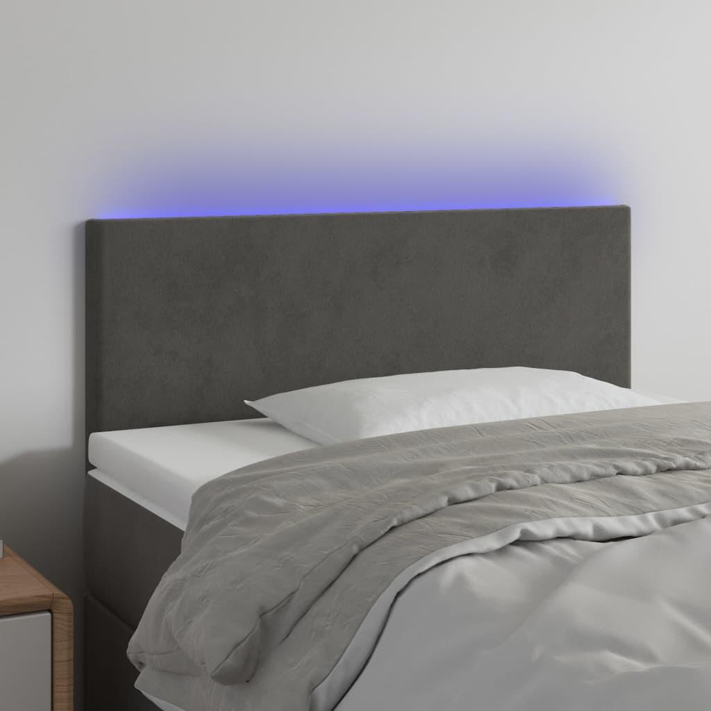 Sengegavl med LED-lys 100x5x78/88 cm fløjl mørkegrå billede