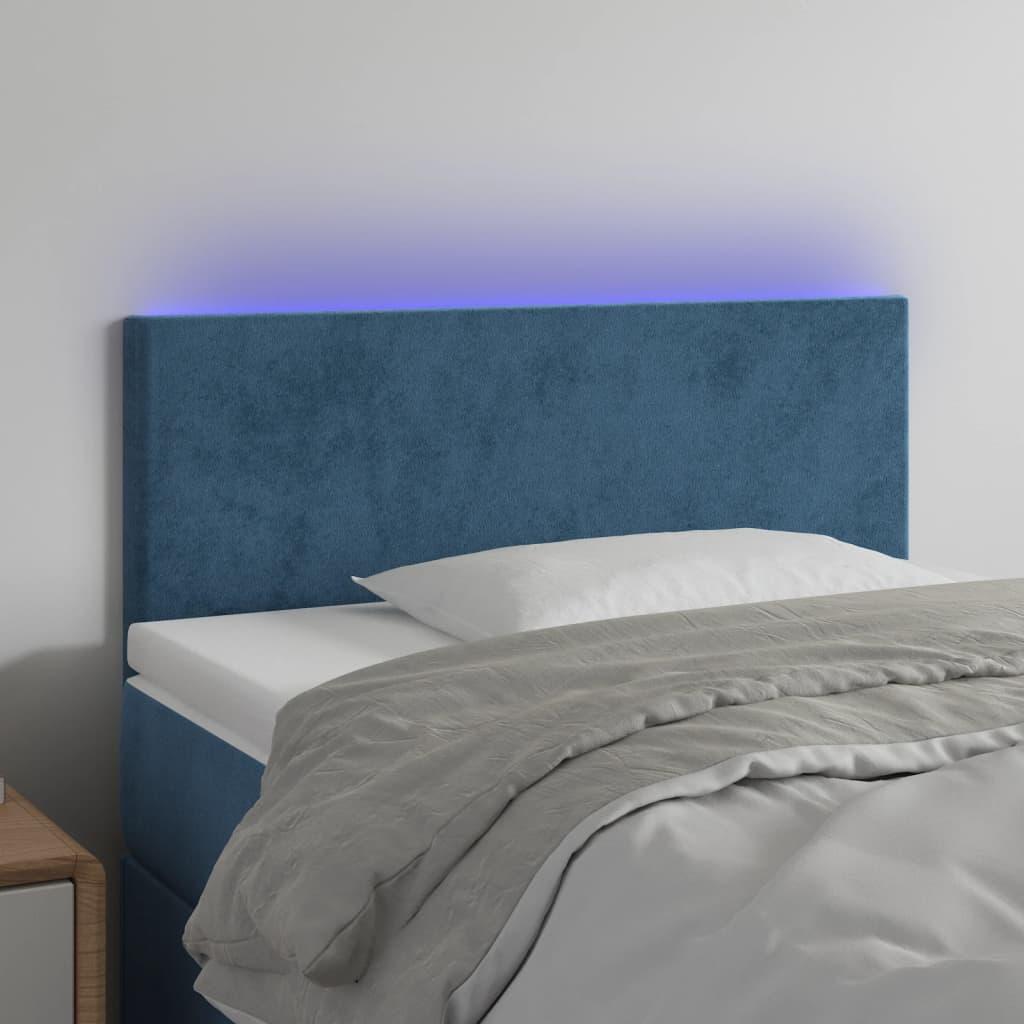 Sengegavl med LED-lys 100x5x78/88 cm fløjl mørkeblå billede