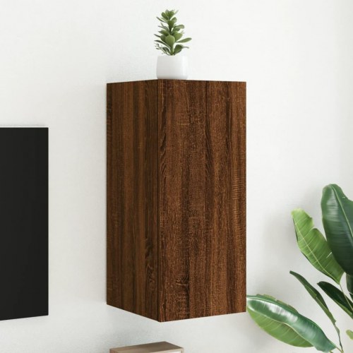 Væghængt tv-bord med LED-lys - brun egetræ, 30,5 x 35 x 70 cm