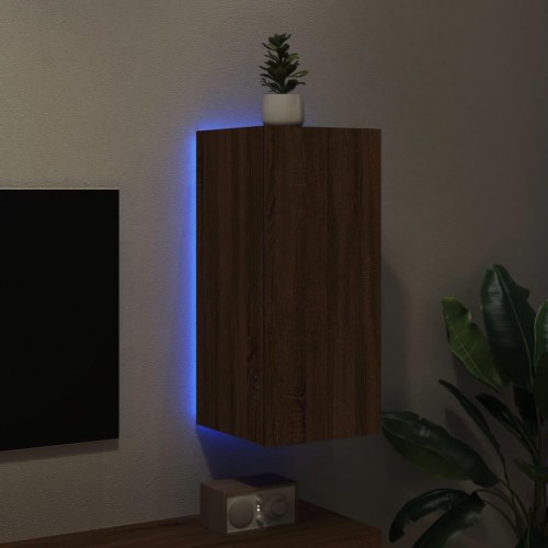 Væghængt tv-bord med LED-lys - brun egetræ, 30,5 x 35 x 70 cm