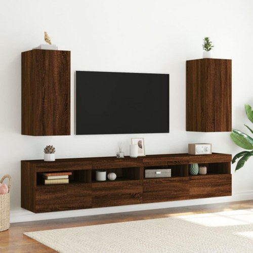 Væghængt tv-bord med LED-lys - brun egetræ, 30,5 x 35 x 70 cm