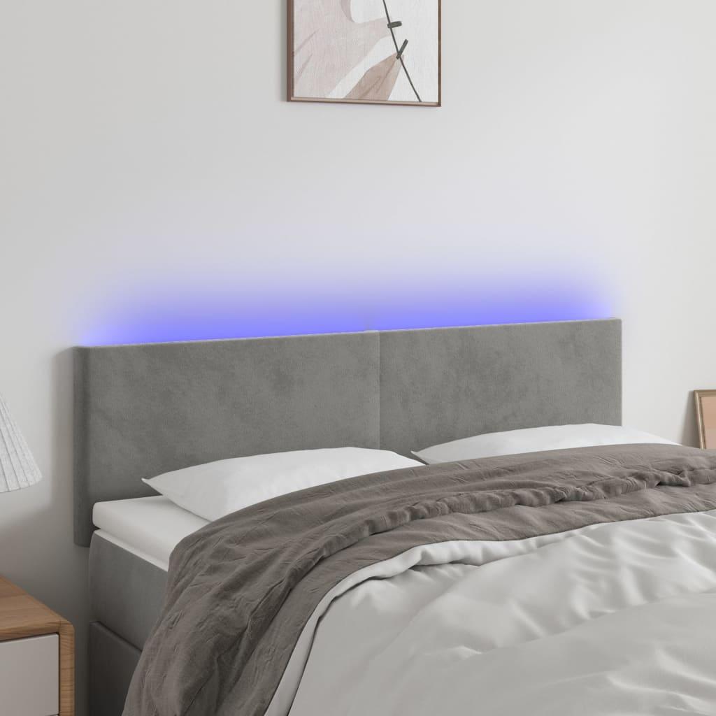 Sengegavl med LED-lys 144x5x78/88 cm fløjl lysegrå billede