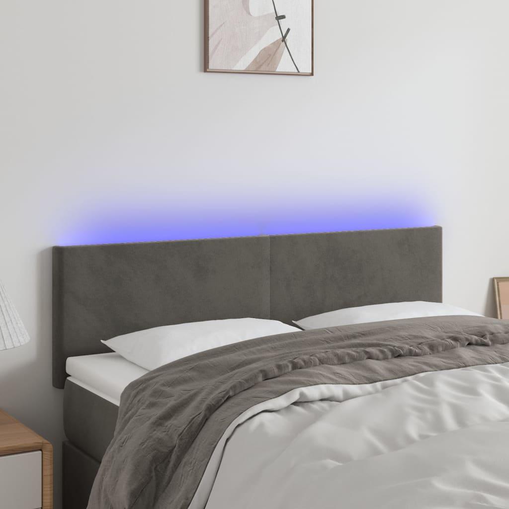 Sengegavl med LED-lys 144x5x78/88 cm fløjl mørkegrå billede