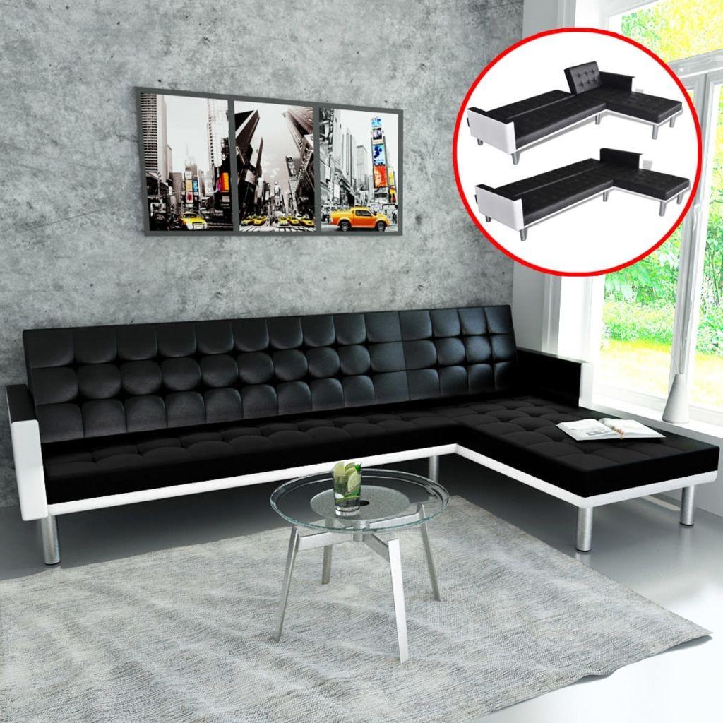 Sovesofa med chaiselong i sort kunstlæder