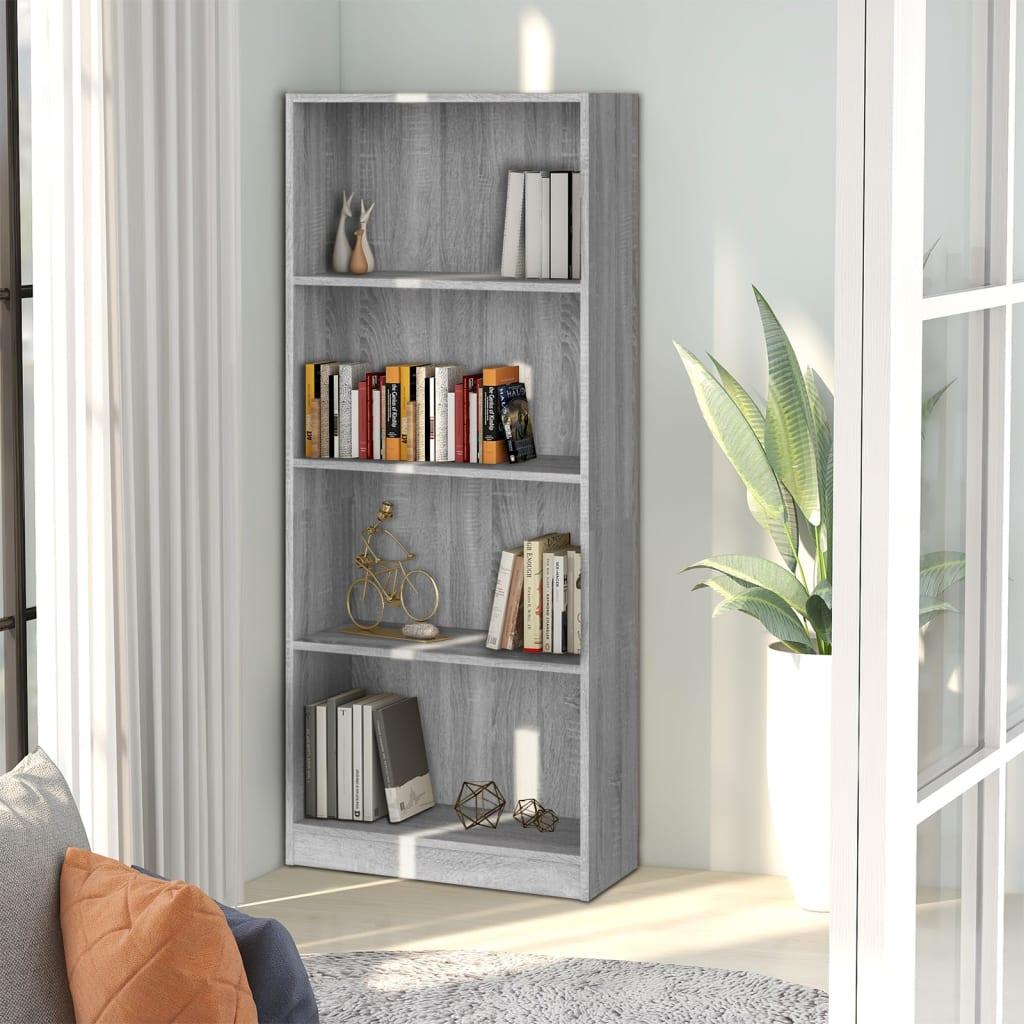 Bogreol m. 4 hylder 60x24x142 cm konstrueret træ grå sonoma