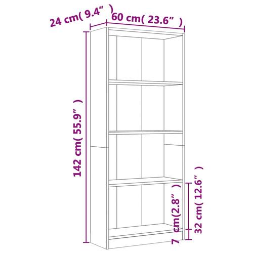 Bogreol m. 4 hylder 60x24x142 cm konstrueret træ grå sonoma