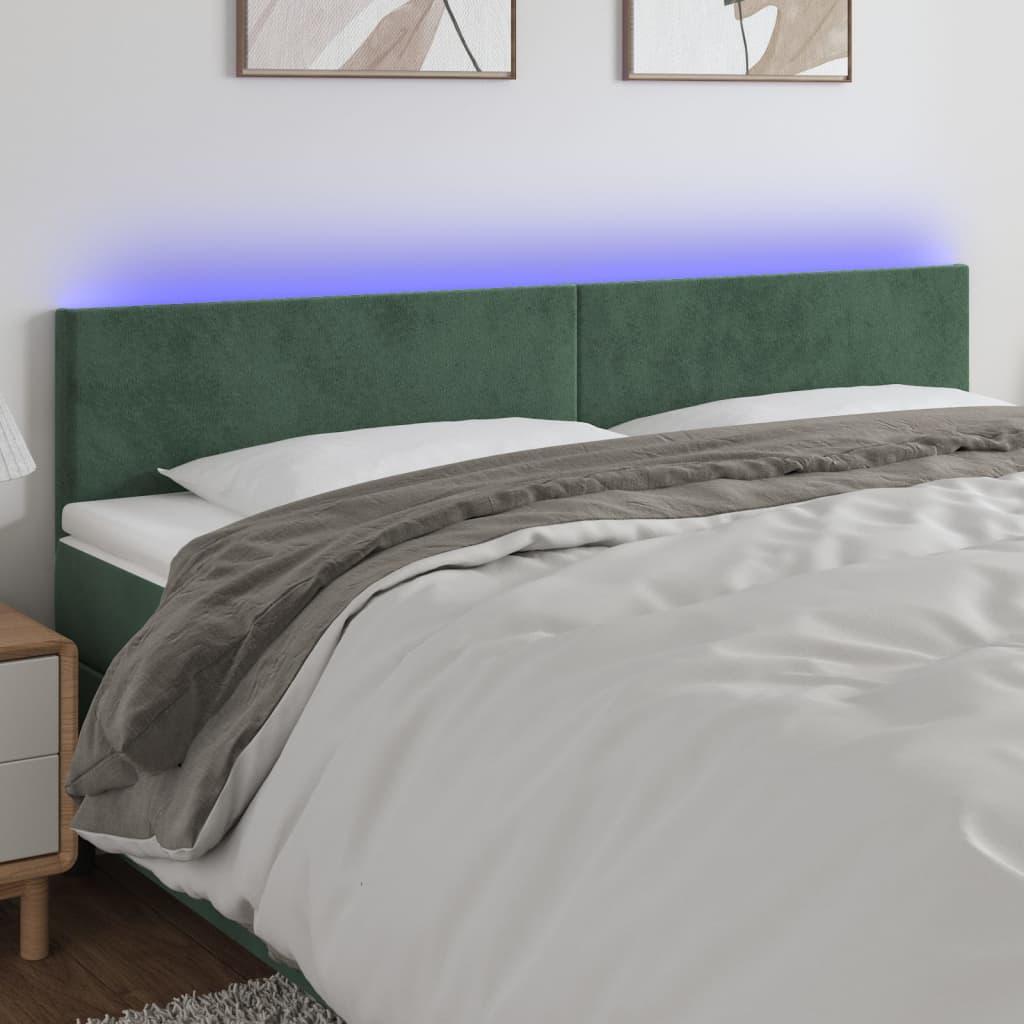 Sengegavl med LED-lys 160x5x78/88 cm fløjl mørkegrøn billede