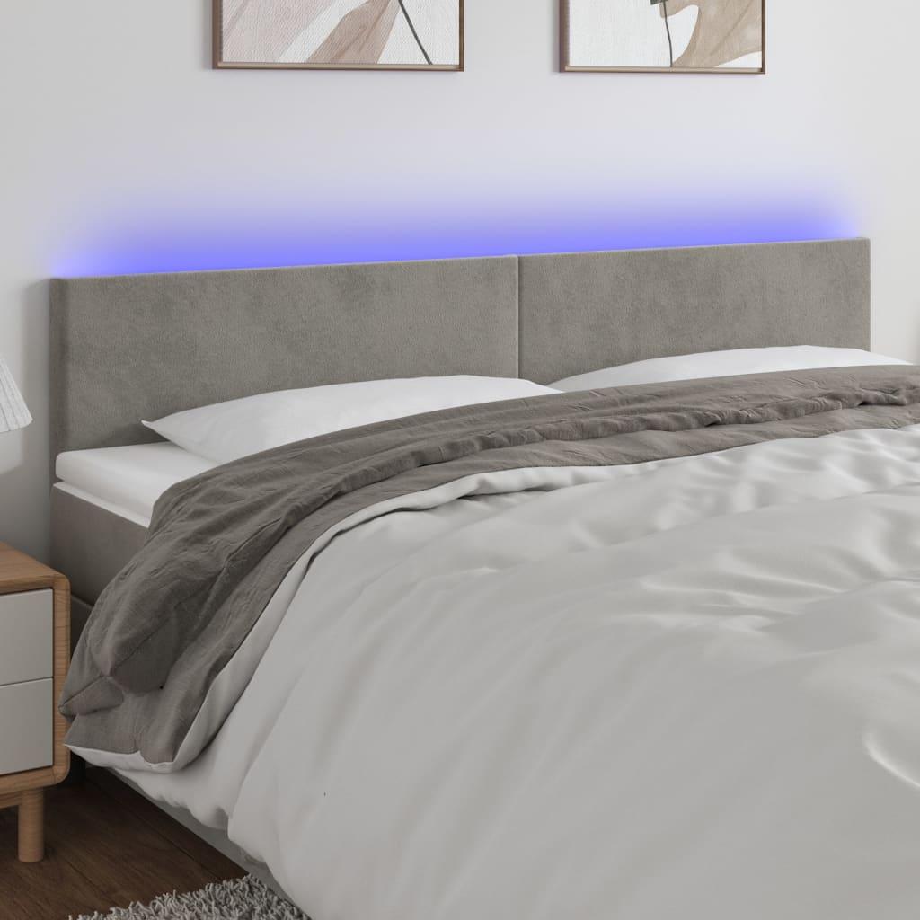 Sengegavl med LED-lys 200x5x78/88 cm fløjl lysegrå billede
