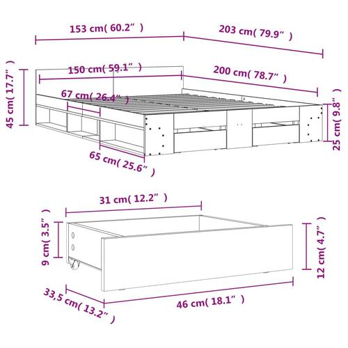 Sengeramme med skuffer 150x200 cm konstrueret træ sort