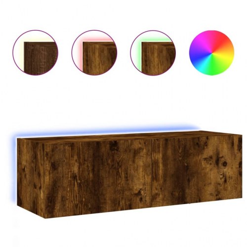 Væghængt tv-bord med LED-lys 100 x 35 x 31 cm - røget egetræ