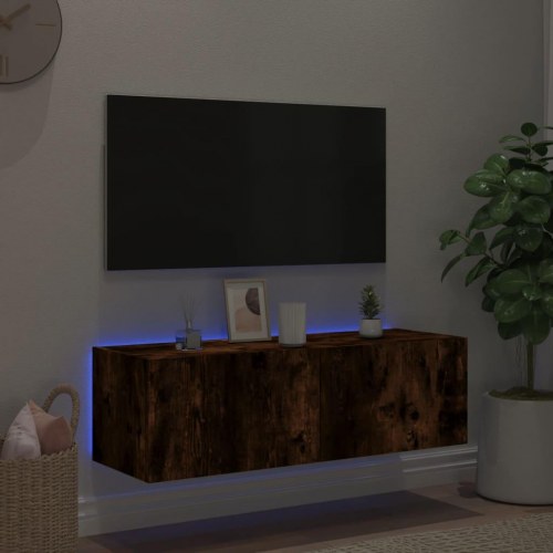 Væghængt tv-bord med LED-lys 100 x 35 x 31 cm - røget egetræ